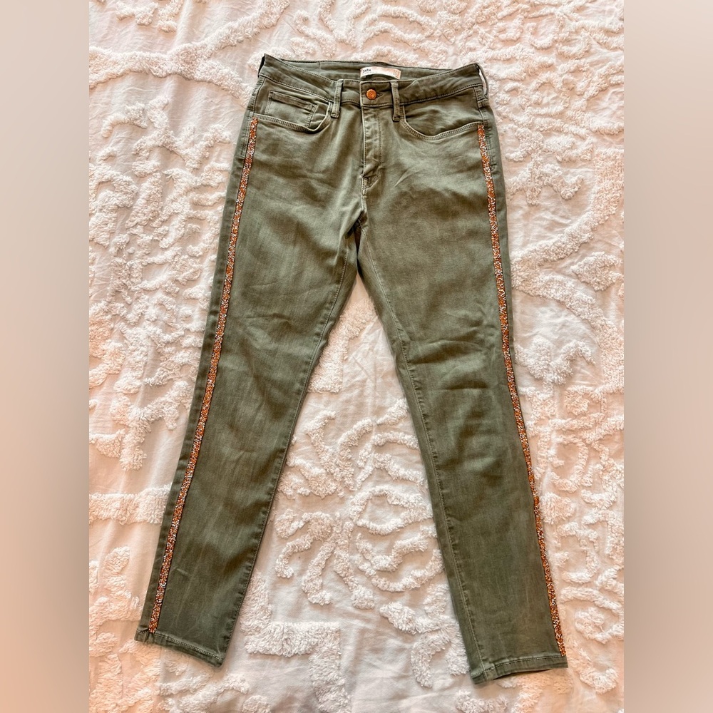 ZARA Z1975 Denim Jeans Olive Green Rose Glitter Stripe Straight Skinny Leg US 10